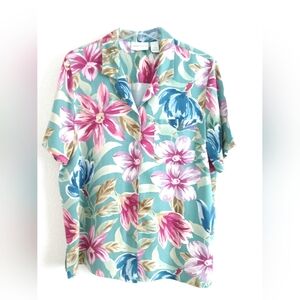 Lovely Alfred Dunner Bold Floral Short Sleeve Camp Shirt Green Blue Size 16